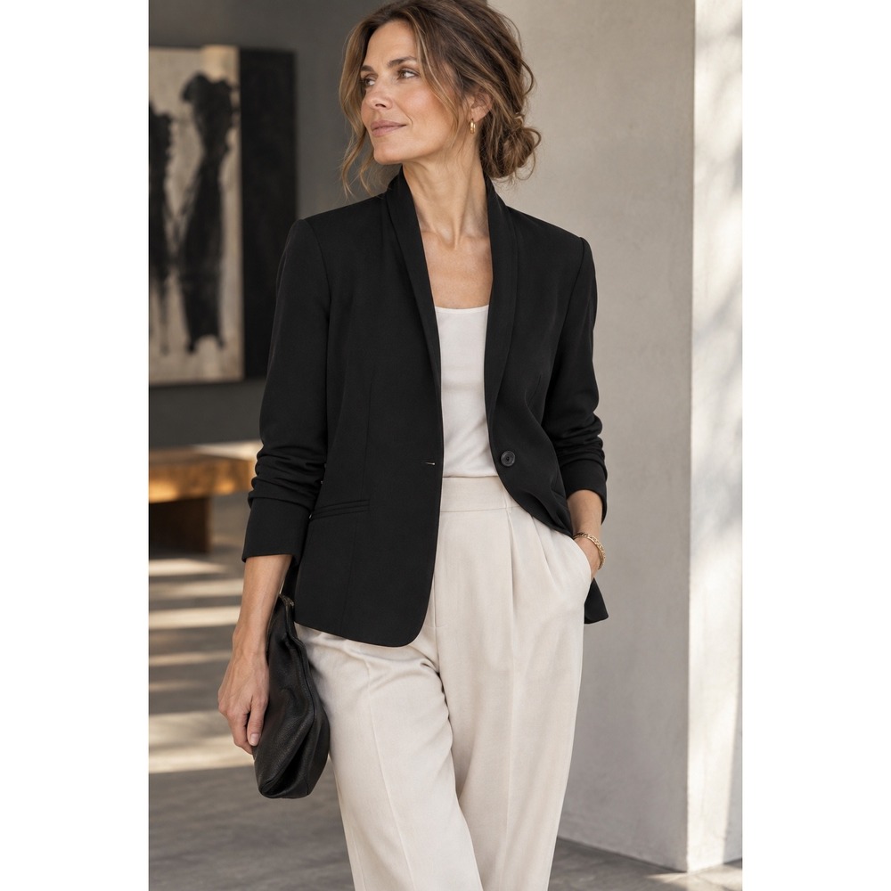 Eileen Fisher Crepe One Button Stand Collar‎ Blazer Jacket Black S